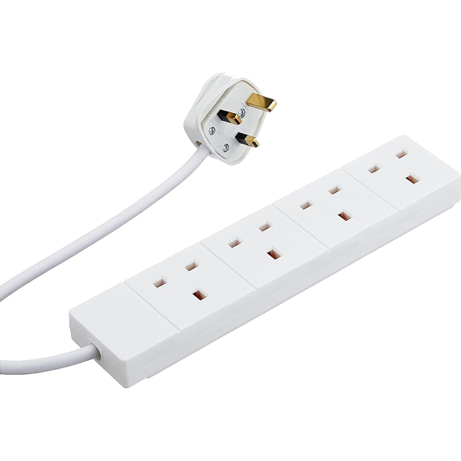 White 4-gang UK extension lead with 2m cable from Globoshop, featuring four power sockets. White 4-gang UK extension lead with 2m cable from Globoshop, featuring four power sockets.